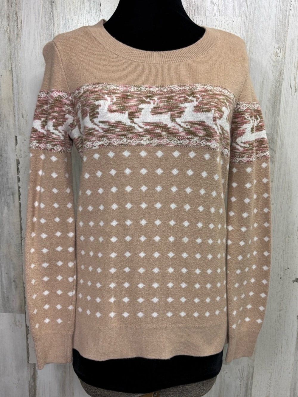 LOFT Outlet Christmas Deer Beige Fair Isle Crewneck Sweater